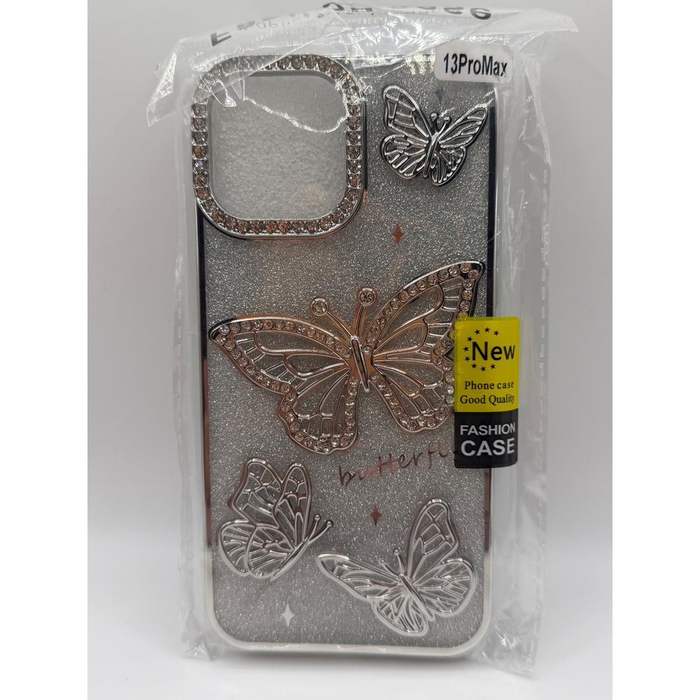 Silver Glitter Butterfly Rhinestone Case for iPhone 13 Pro Max Y2K Bling Cover